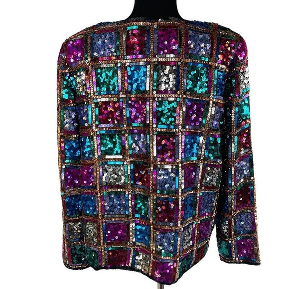 Vintage Rina Z Beaded Sequin Jacket 100% Silk Window Pane Boxy Cardigan … - Picture 5 of 14